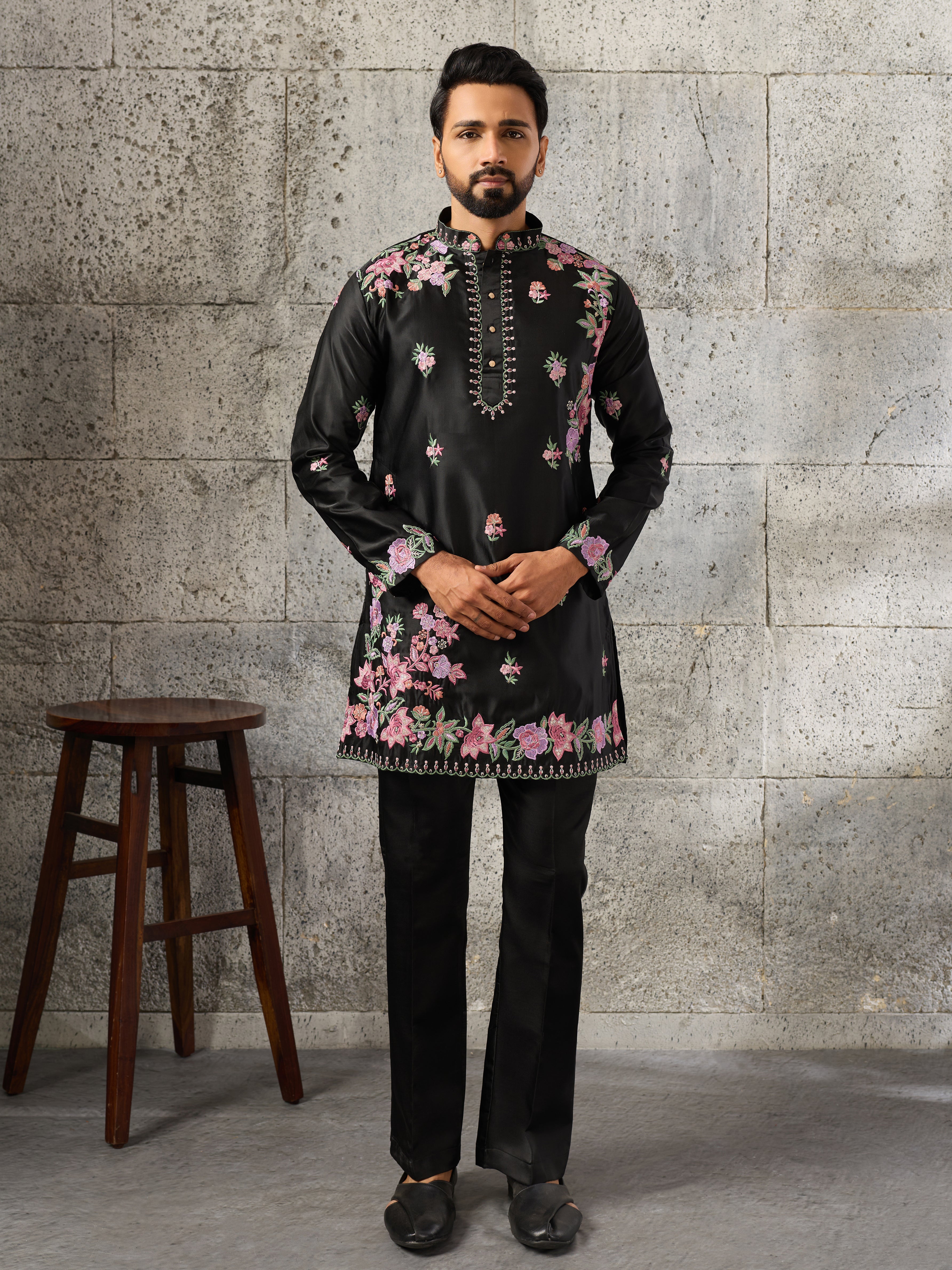 Luxury Black Silk Thread Sequence Kurta Bell Bottom Set

