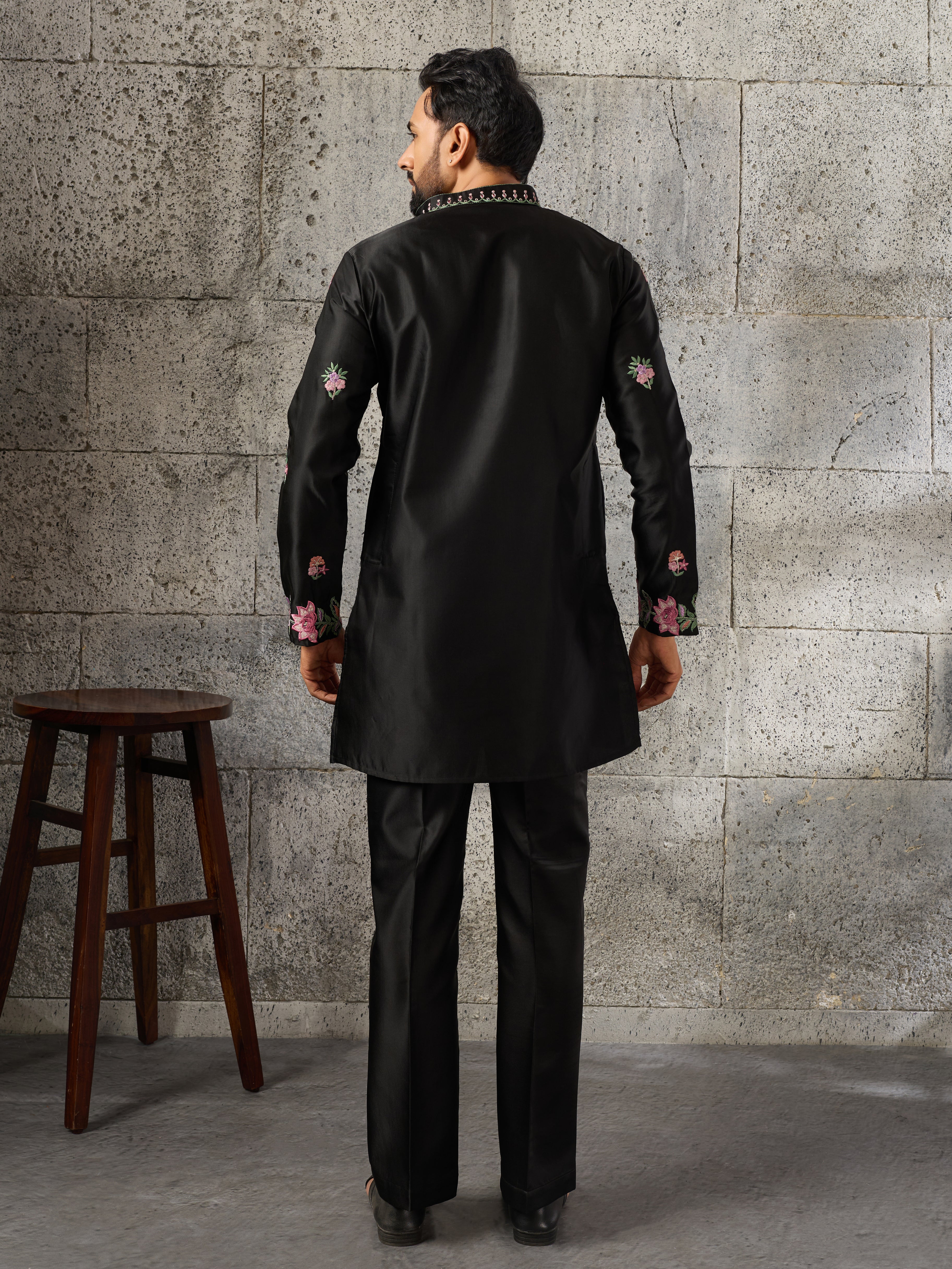 Luxury Black Silk Thread Sequence Kurta Bell Bottom Set
