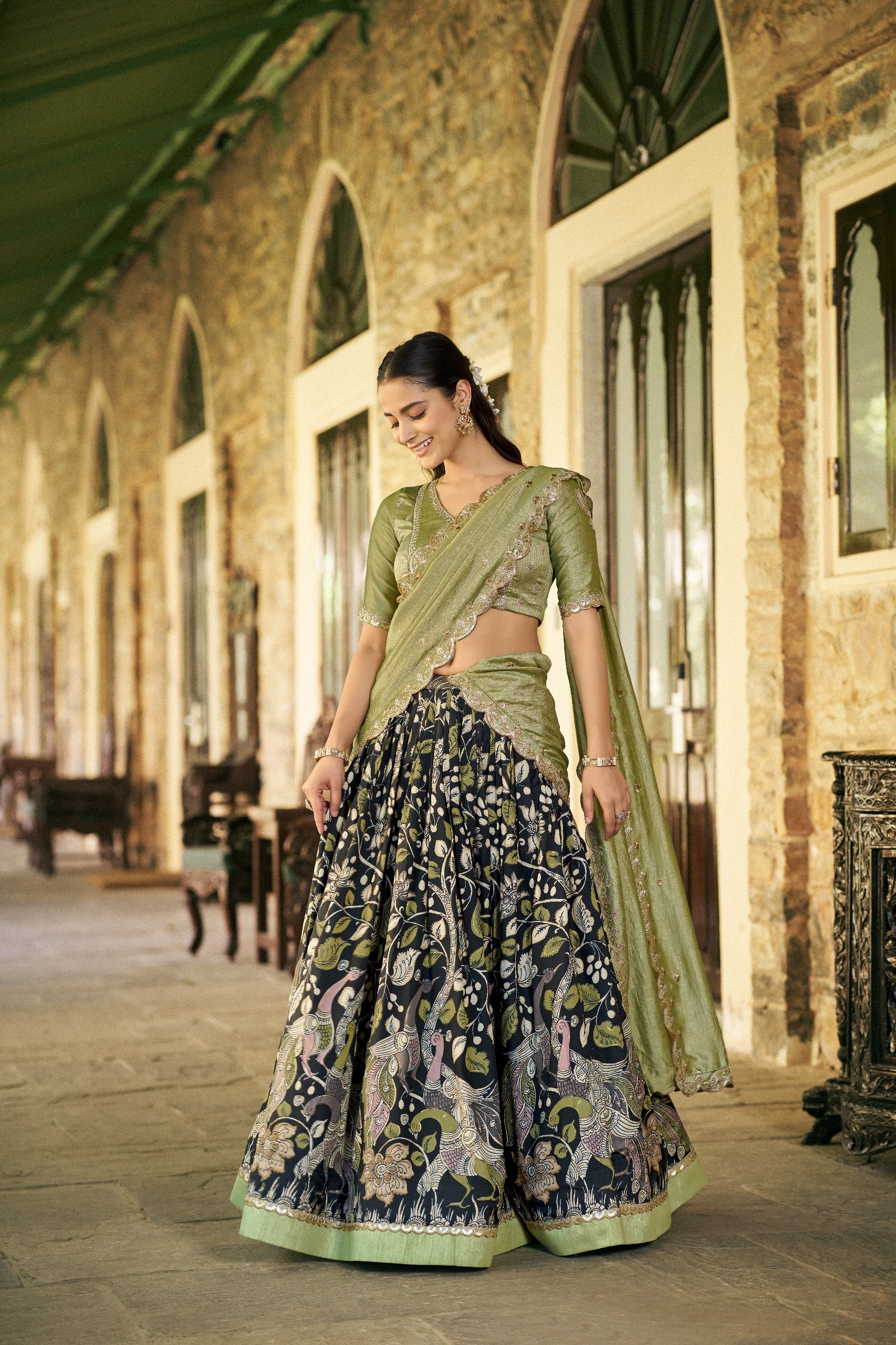 Designer Black Tasar Silk Printed Lehenga Set with Vichitra Silk Dupatta