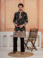 Designer Black Soft Silk Embroidered Work Kurta Set For Men