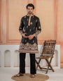 Designer Black Soft Silk Embroidered Work Kurta Set For Men