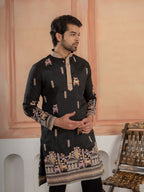 Designer Black Soft Silk Embroidered Work Kurta Set For Men