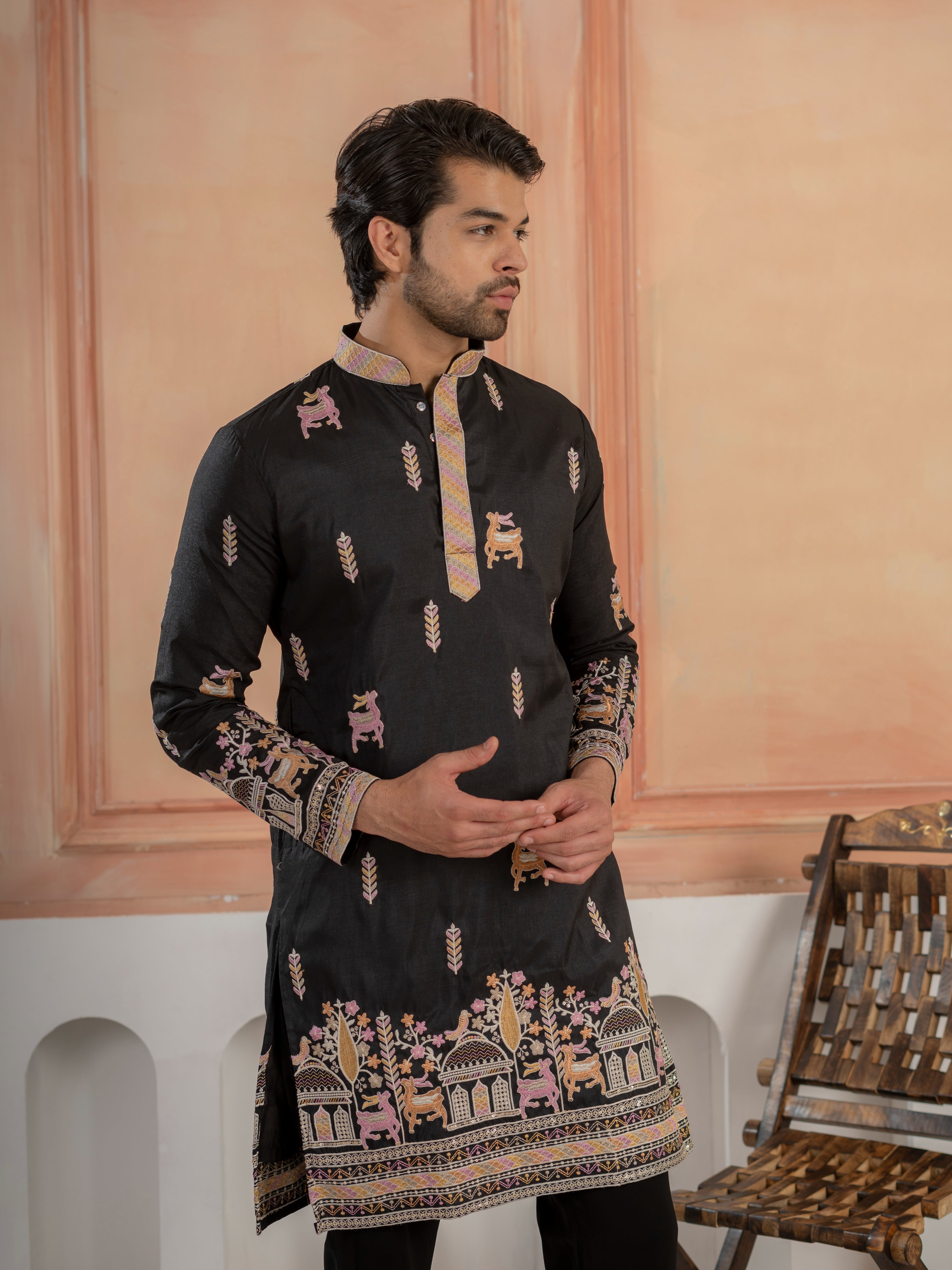 Designer Black Soft Silk Embroidered Work Kurta Set For Men