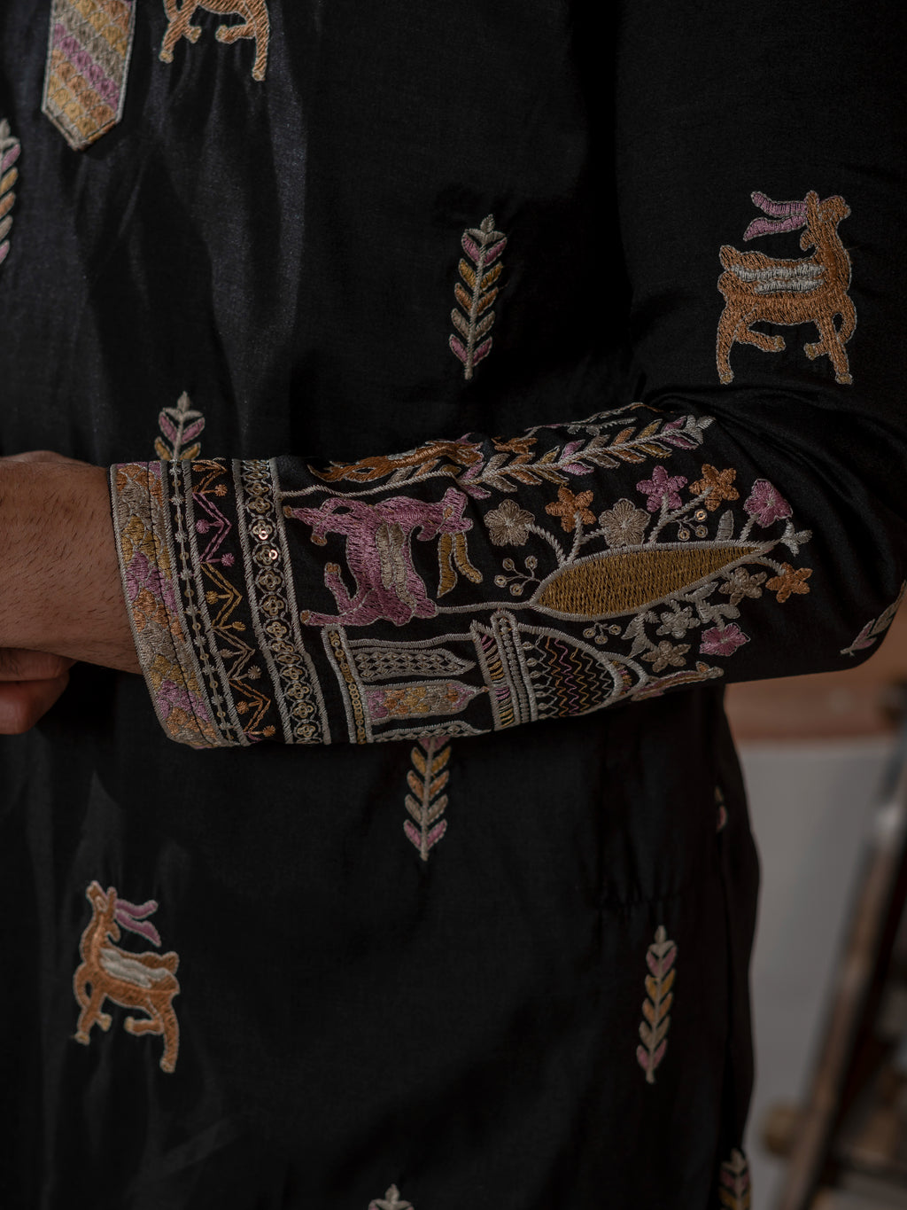 Designer Black Soft Silk Embroidered Work Kurta Set For Men