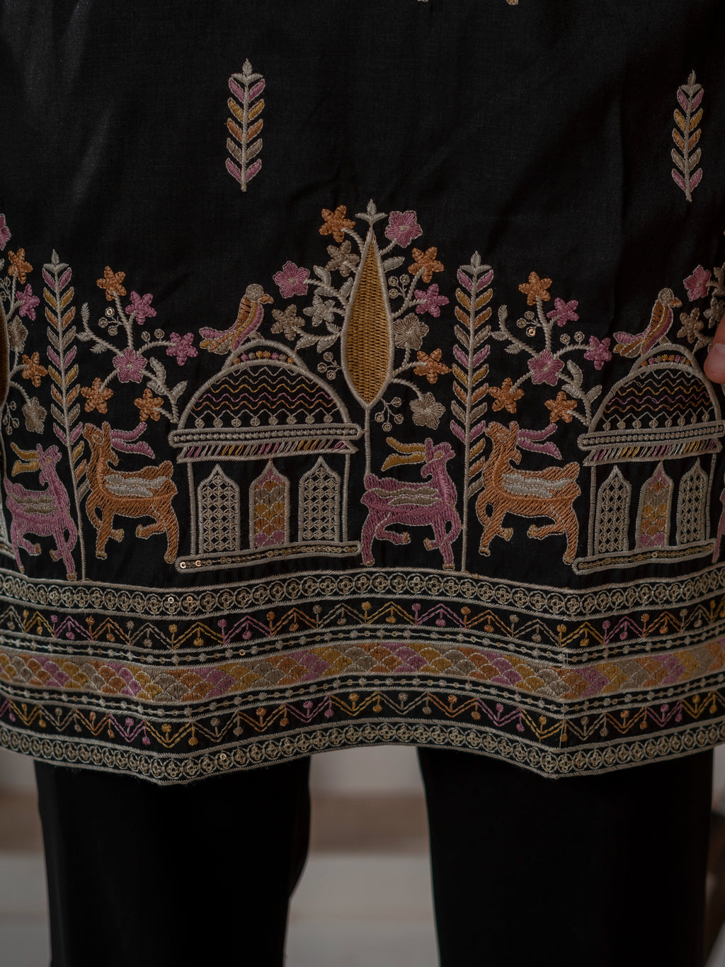 Designer Black Soft Silk Embroidered Work Kurta Set For Men