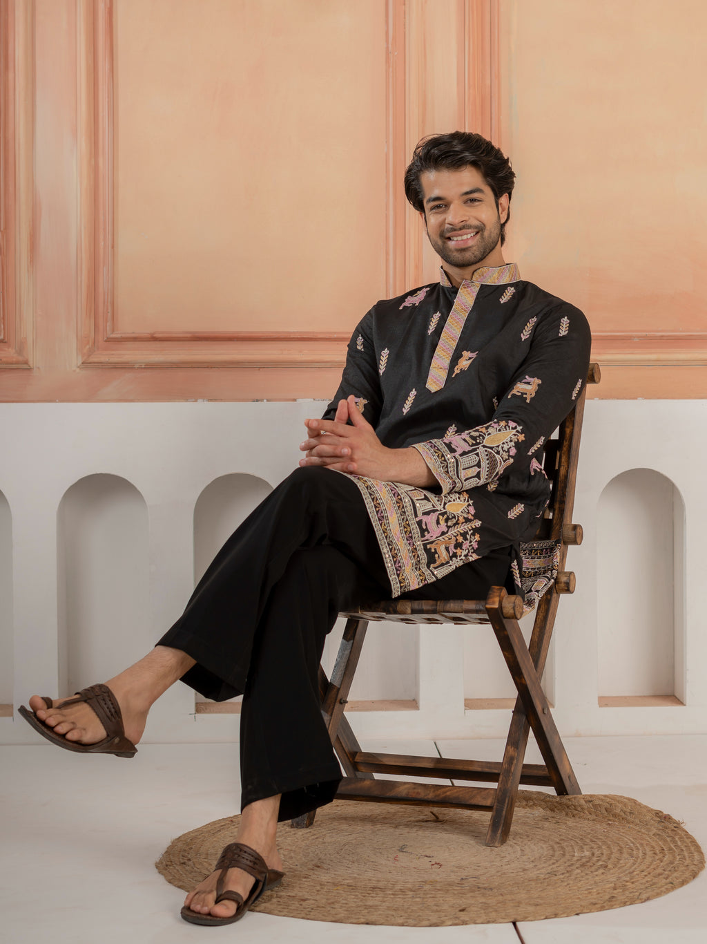 Designer Black Soft Silk Embroidered Work Kurta Set For Men