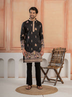 Designer Black Soft Silk Embroidered Work Kurta Set For Men