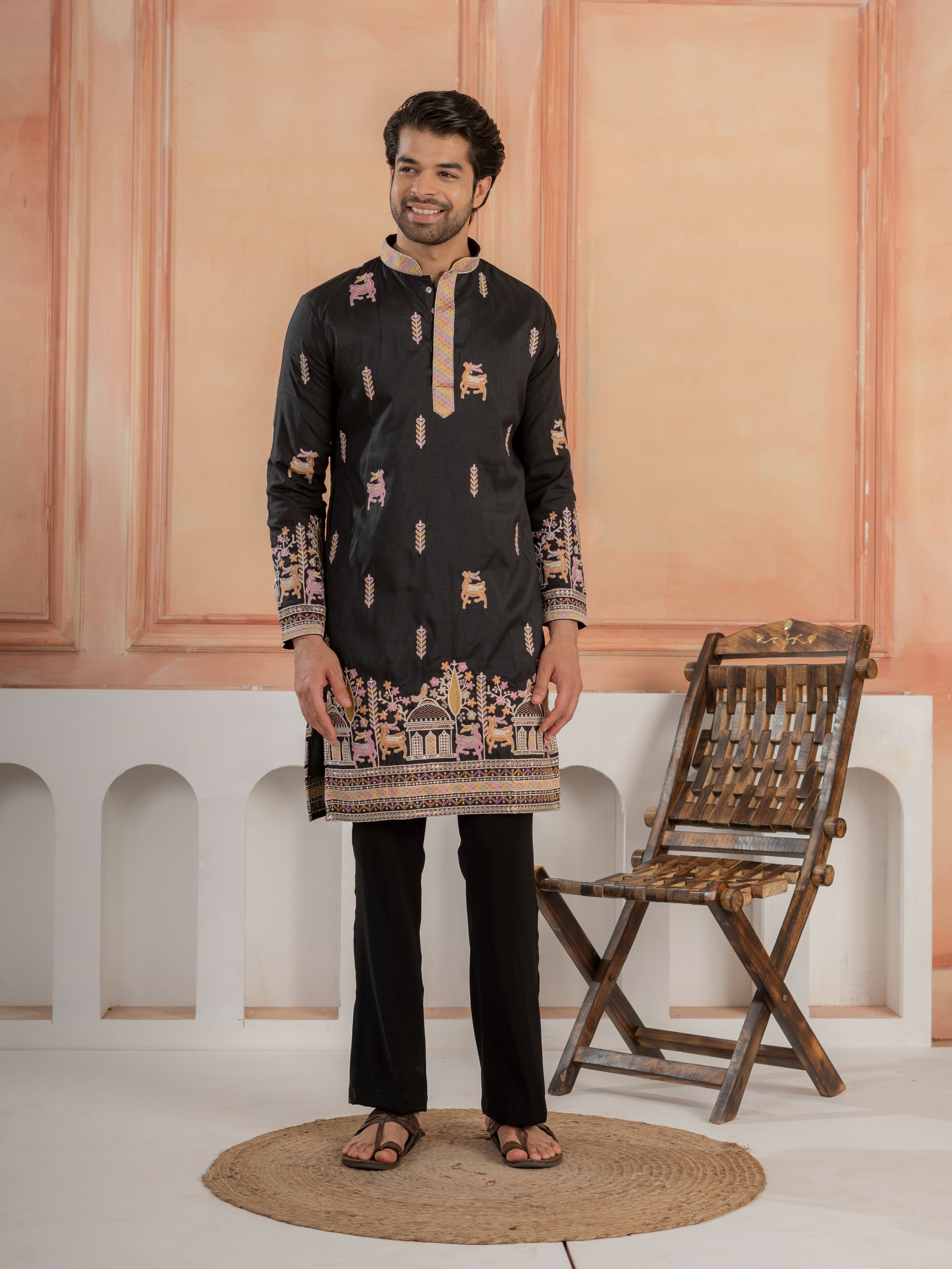 Designer Black Soft Silk Embroidered Work Kurta Set For Men