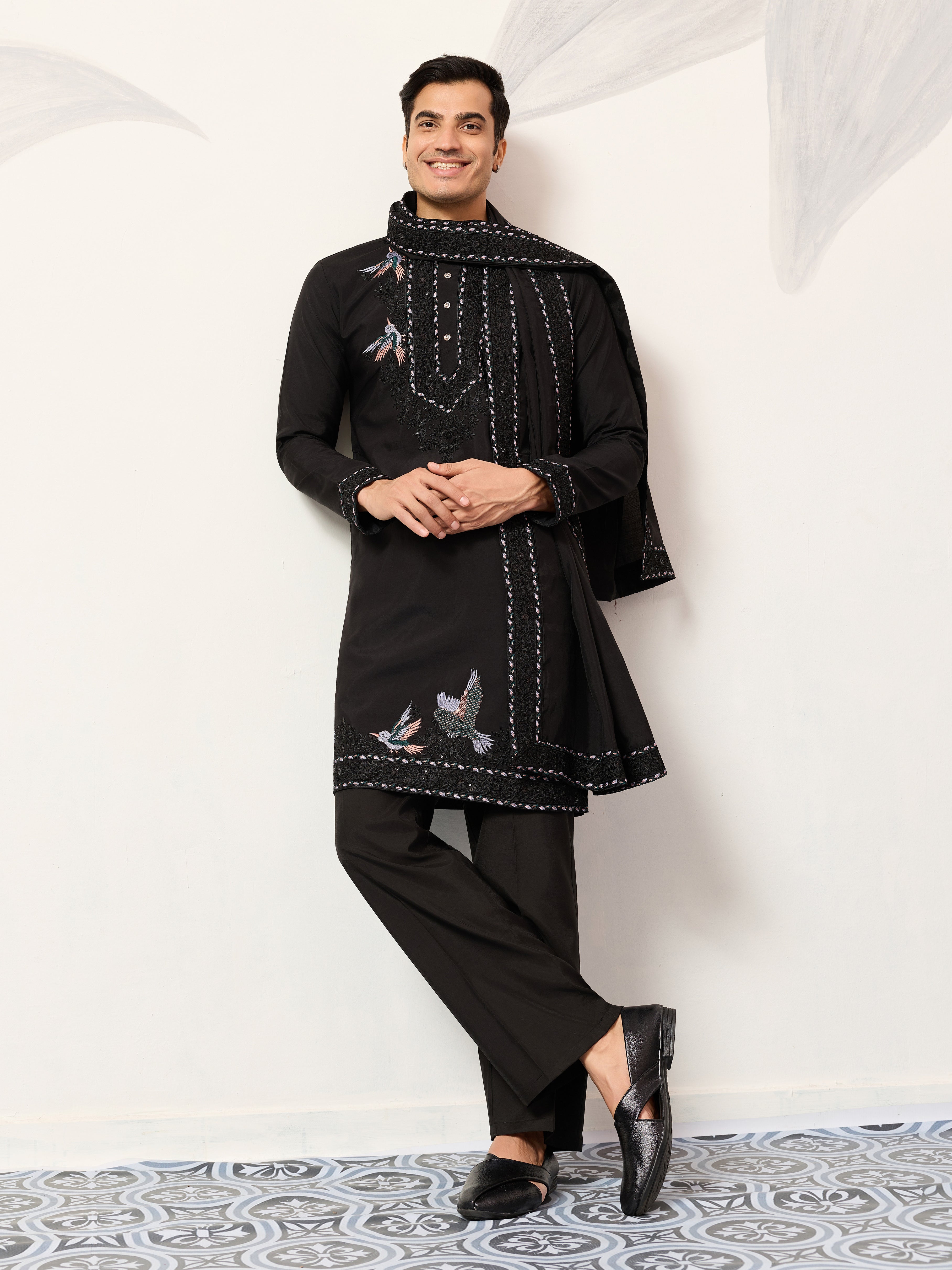 Black Stylish Trending Kurta with Dupatta for Mens Wear