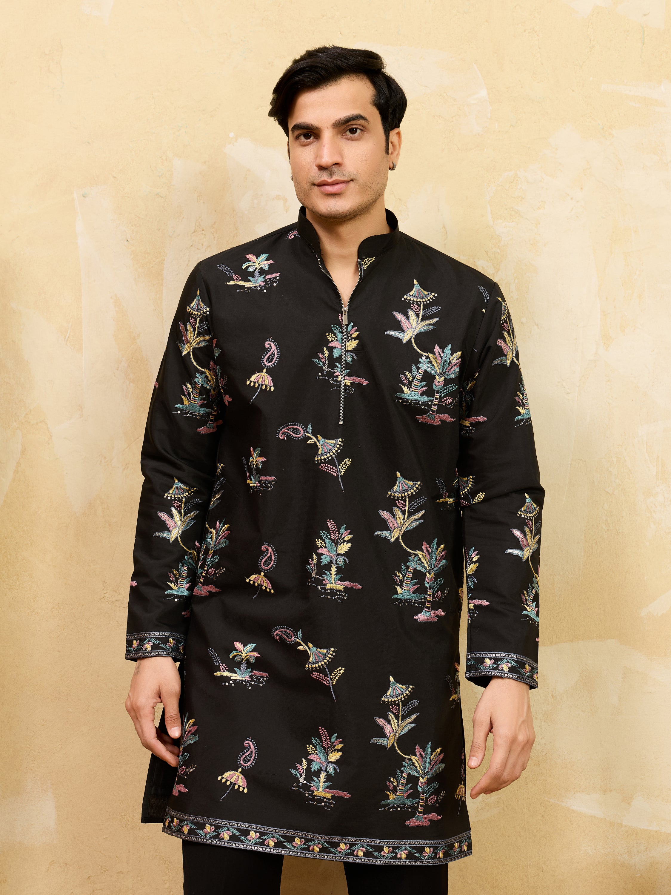 Luxury Black Viscose Silk Thread Work Kurta Set For Festive Wear
