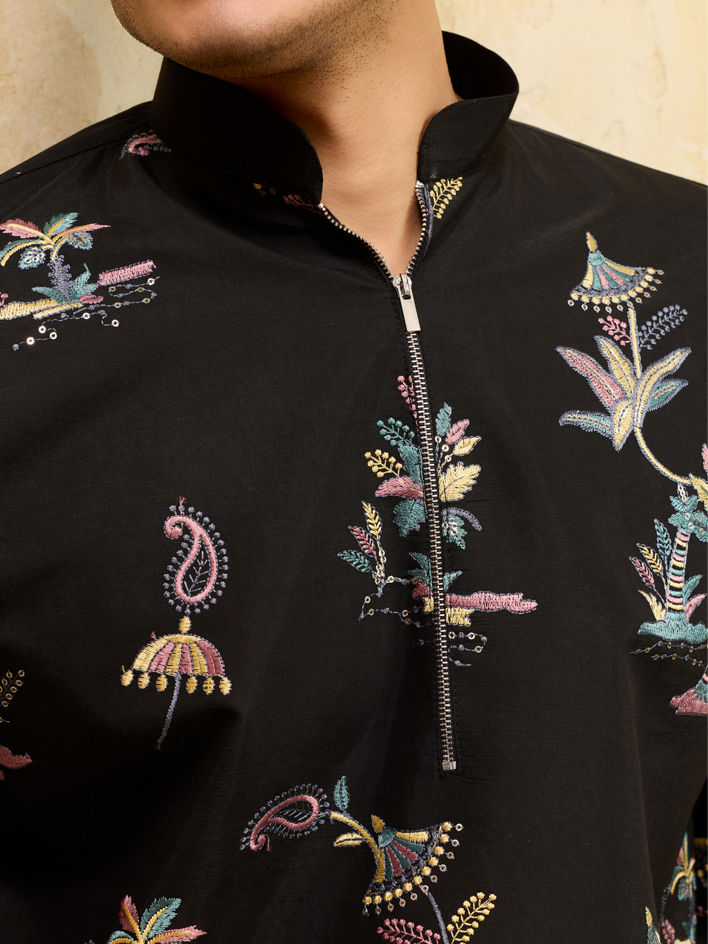 Luxury Black Viscose Silk Thread Work Kurta Set For Festive Wear
