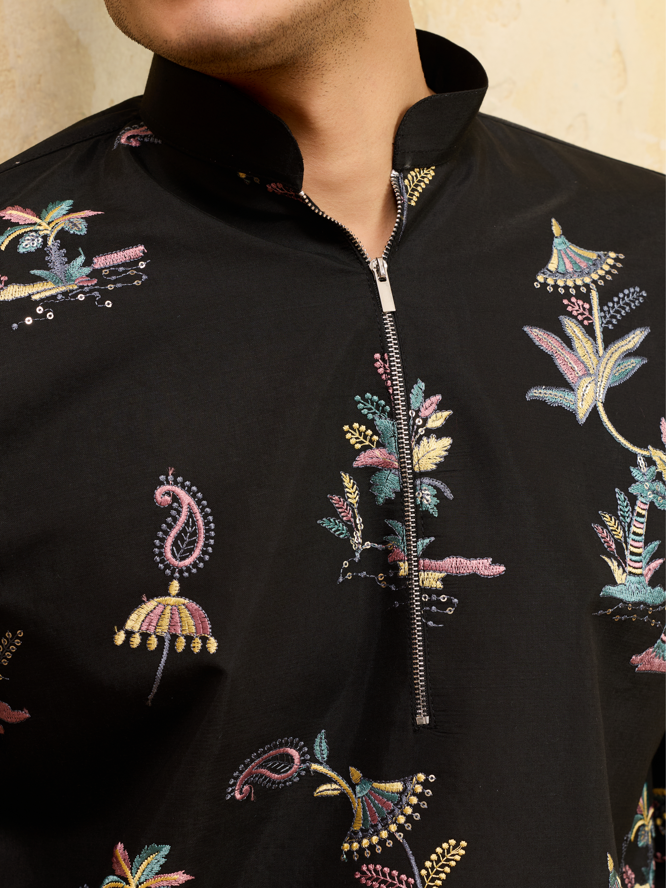Luxury Black Viscose Silk Thread Work Kurta Set For Festive Wear
