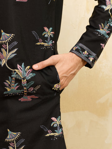 Luxury Black Viscose Silk Thread Work Kurta Set For Festive Wear
