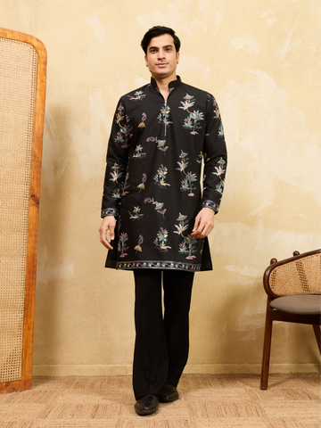 Luxury Black Viscose Silk Thread Work Kurta Set For Festive Wear
