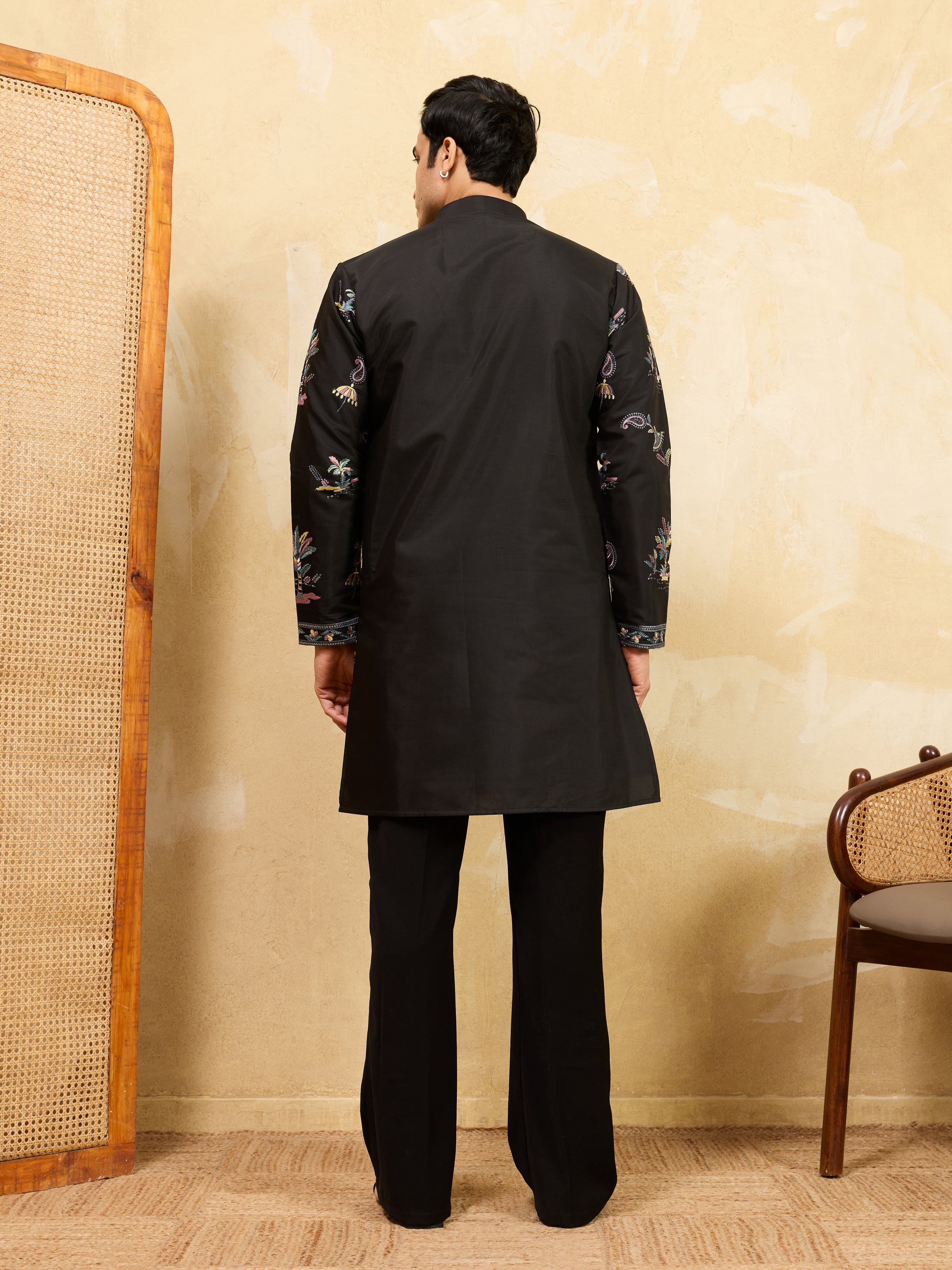 Luxury Black Viscose Silk Thread Work Kurta Set For Festive Wear
