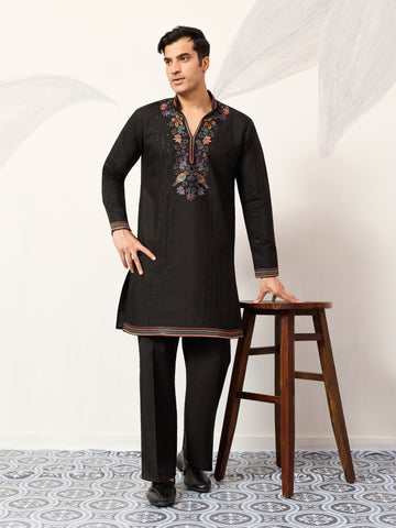 Party Wear Black V Neck Style Kurta Pant for Mens Wear