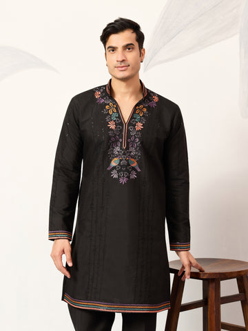 Party Wear Black V Neck Style Kurta Pant for Mens Wear