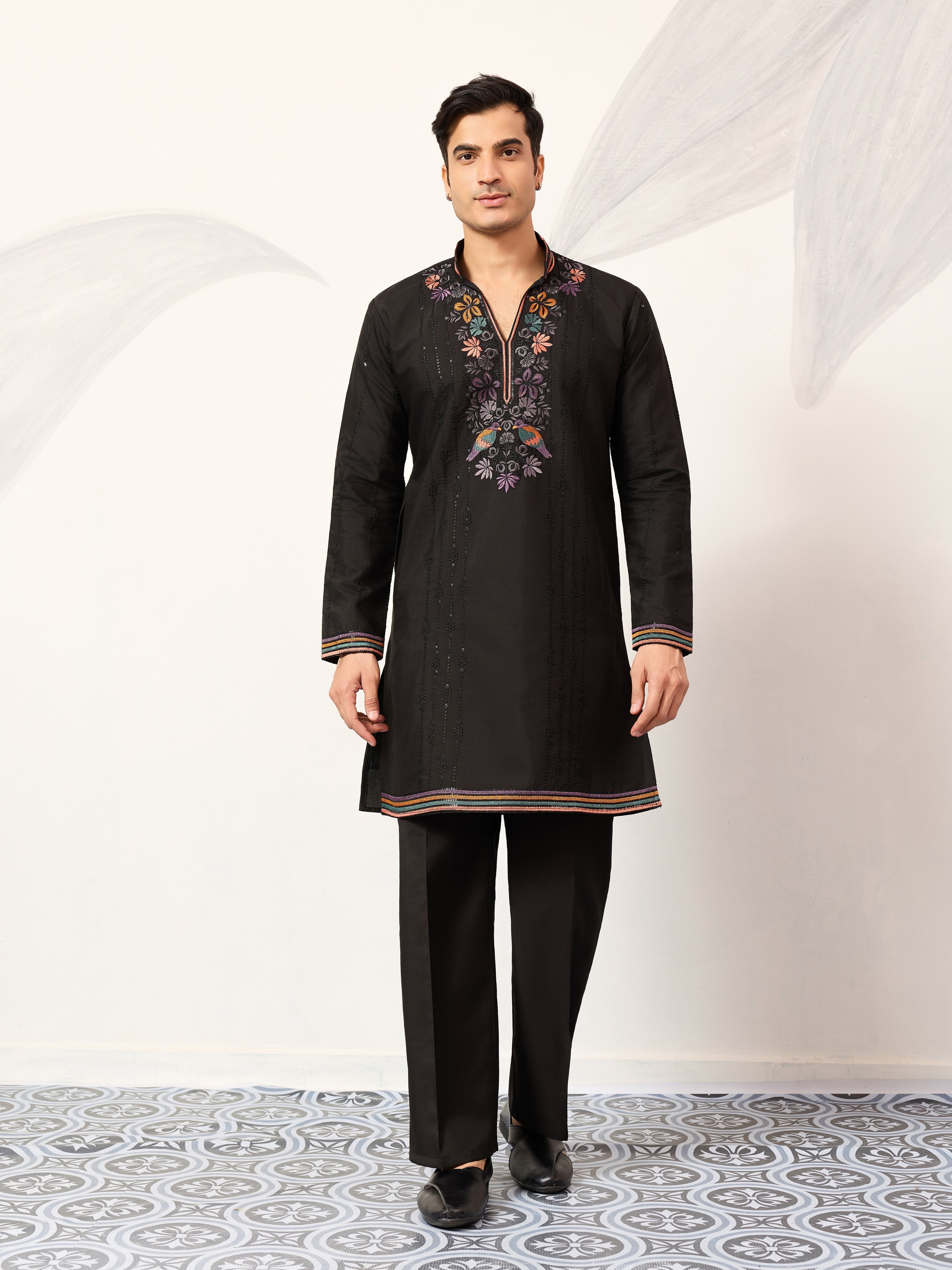 Party Wear Black V Neck Style Kurta Pant for Mens Wear