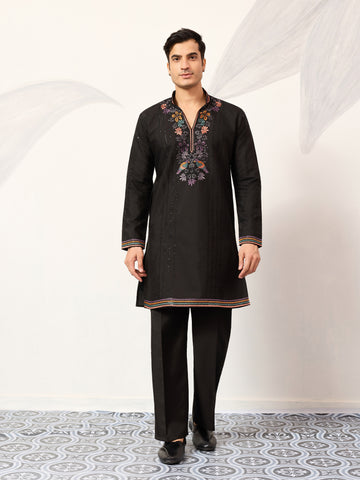 Party Wear Black V Neck Style Kurta Pant for Mens Wear