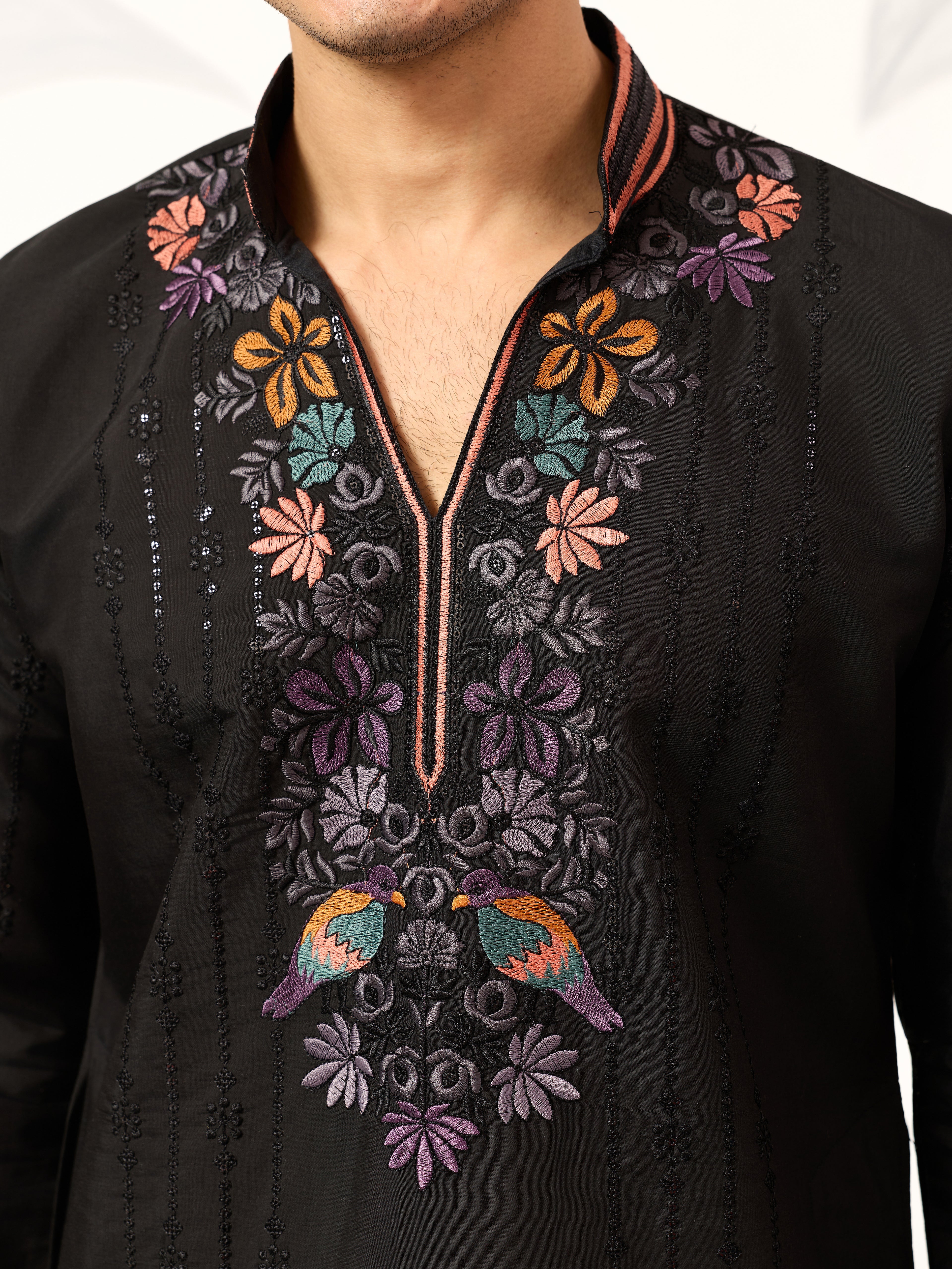 Party Wear Black V Neck Style Kurta Pant for Mens Wear
