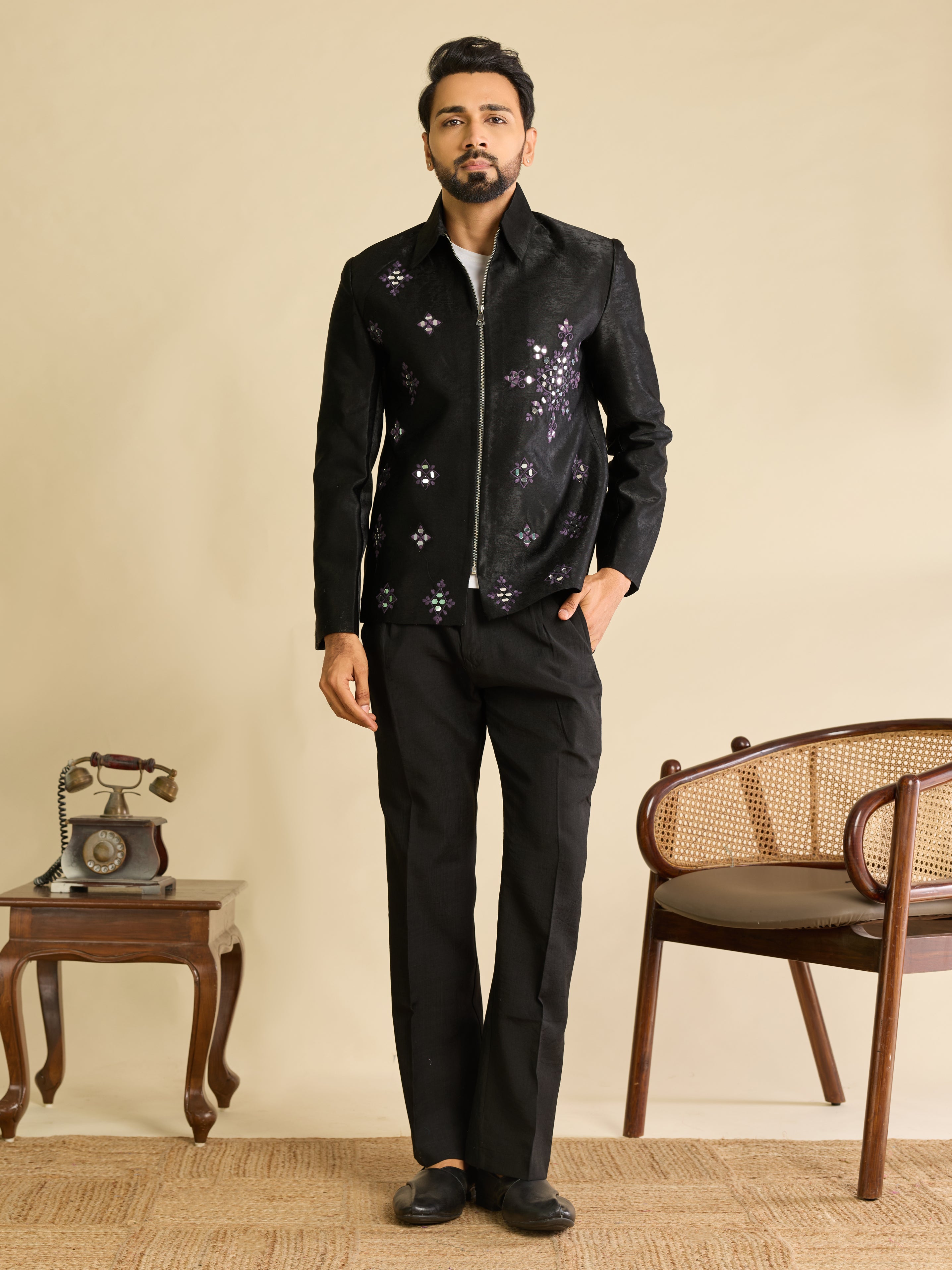 Premium Black Velvet Mirror Embroidered Bomber Jacket Pant Set
