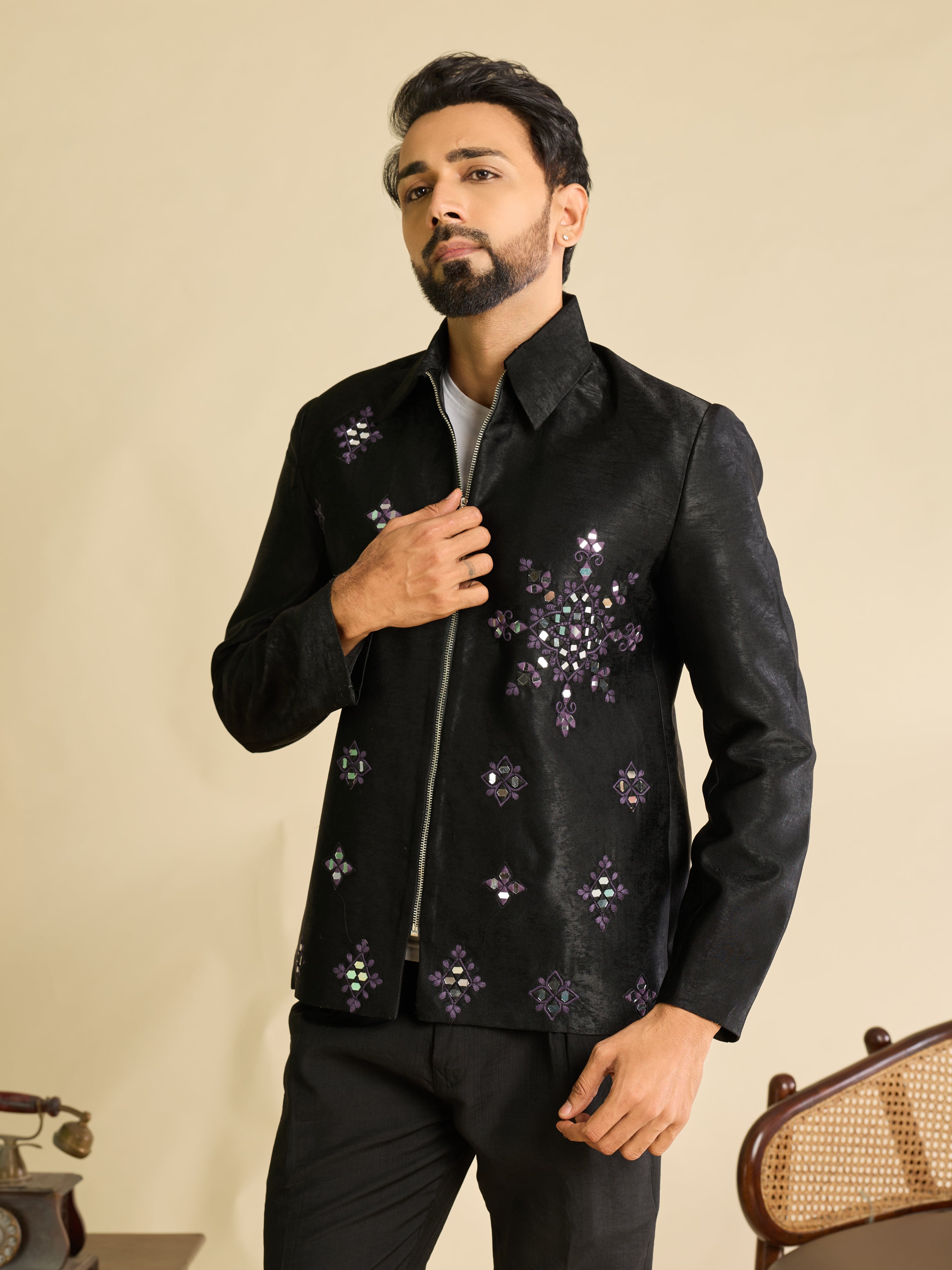 Premium Black Velvet Mirror Embroidered Bomber Jacket Pant Set
