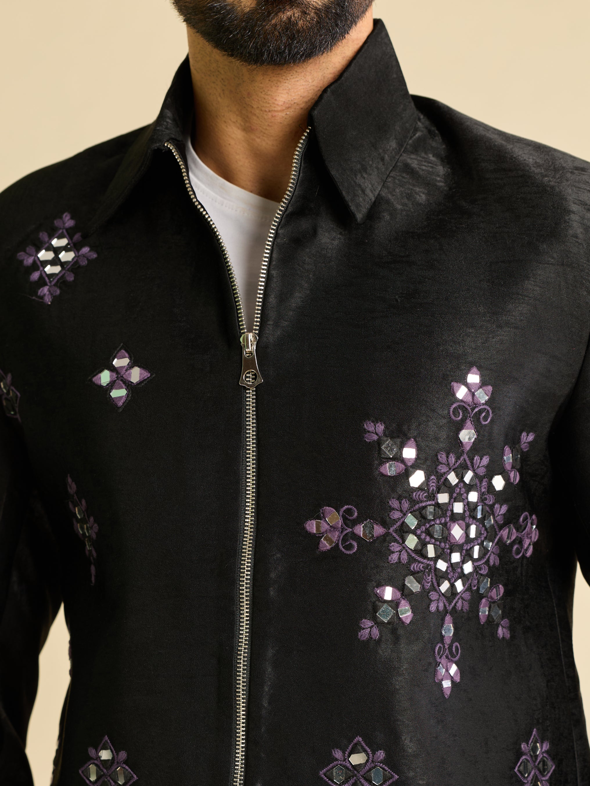 Premium Black Velvet Mirror Embroidered Bomber Jacket Pant Set
