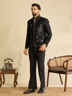 Premium Black Velvet Mirror Embroidered Bomber Jacket Pant Set

