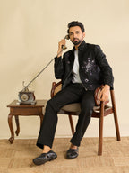 Premium Black Velvet Mirror Embroidered Bomber Jacket Pant Set
