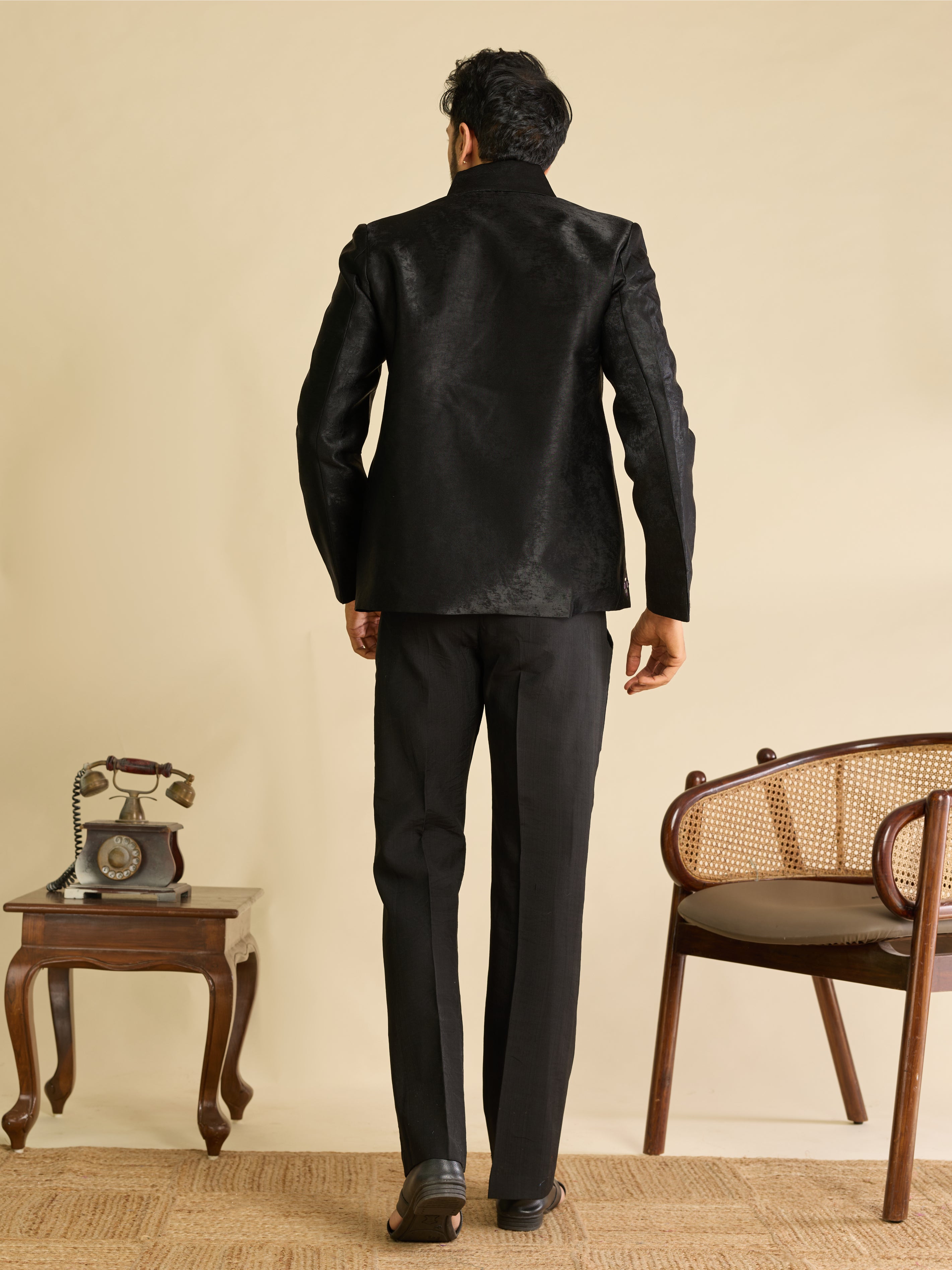 Premium Black Velvet Mirror Embroidered Bomber Jacket Pant Set
