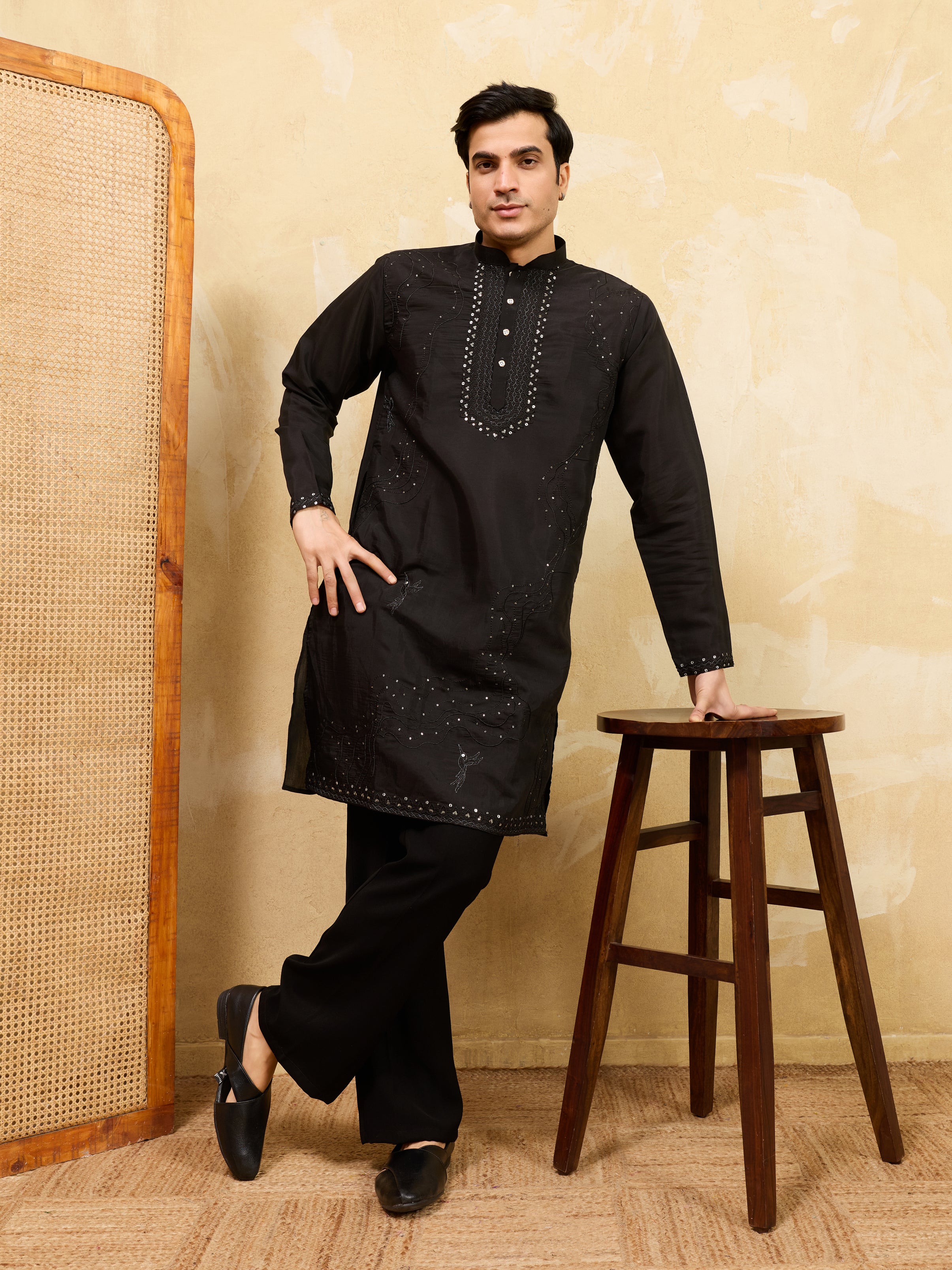 Luxury Black Viscose Silk Embroidered Kurta & Pant
