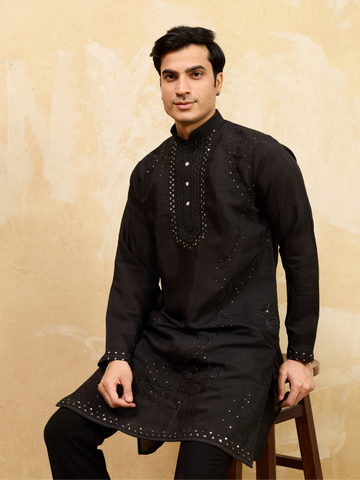 Luxury Black Viscose Silk Embroidered Kurta & Pant