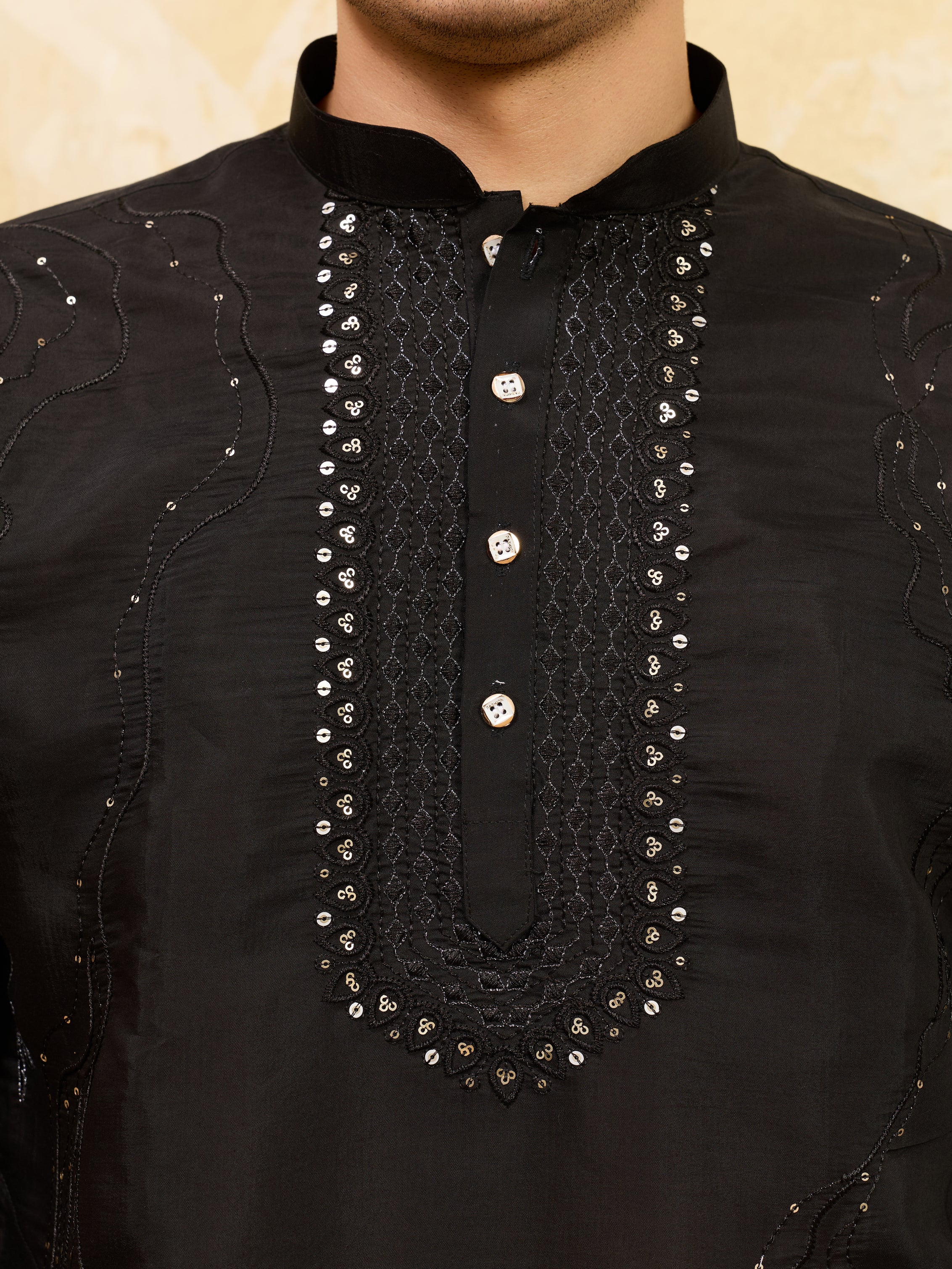 Luxury Black Viscose Silk Embroidered Kurta & Pant
