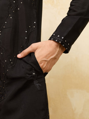 Luxury Black Viscose Silk Embroidered Kurta & Pant
