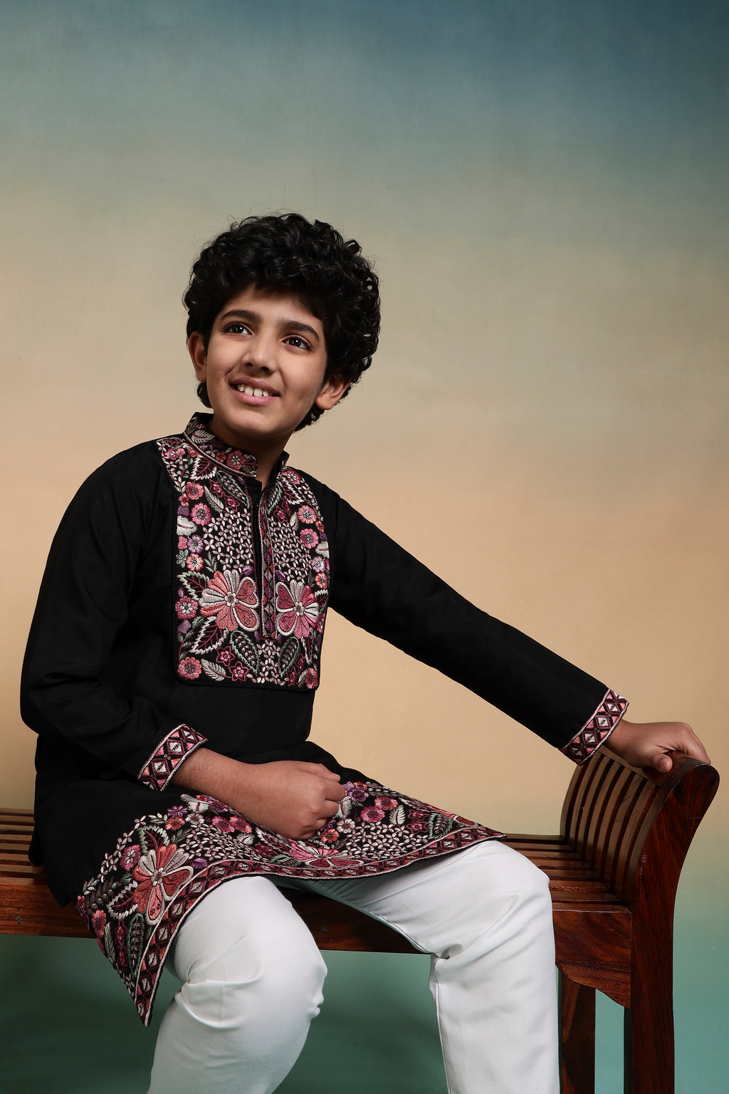 Royal Black Viscose Silk Embroidered Kurta Pant Set For Kids