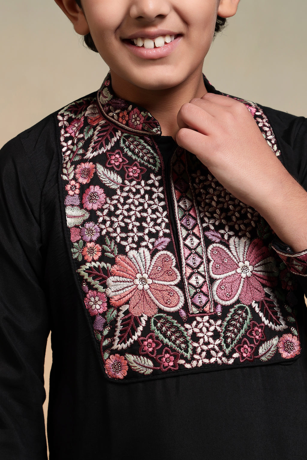 Royal Black Viscose Silk Embroidered Kurta Pant Set For Kids