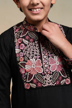 Royal Black Viscose Silk Embroidered Kurta Pant Set For Kids