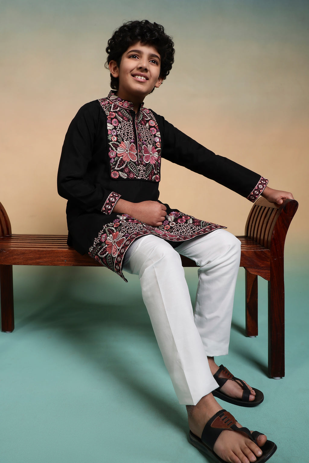 Royal Black Viscose Silk Embroidered Kurta Pant Set For Kids