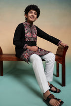 Royal Black Viscose Silk Embroidered Kurta Pant Set For Kids