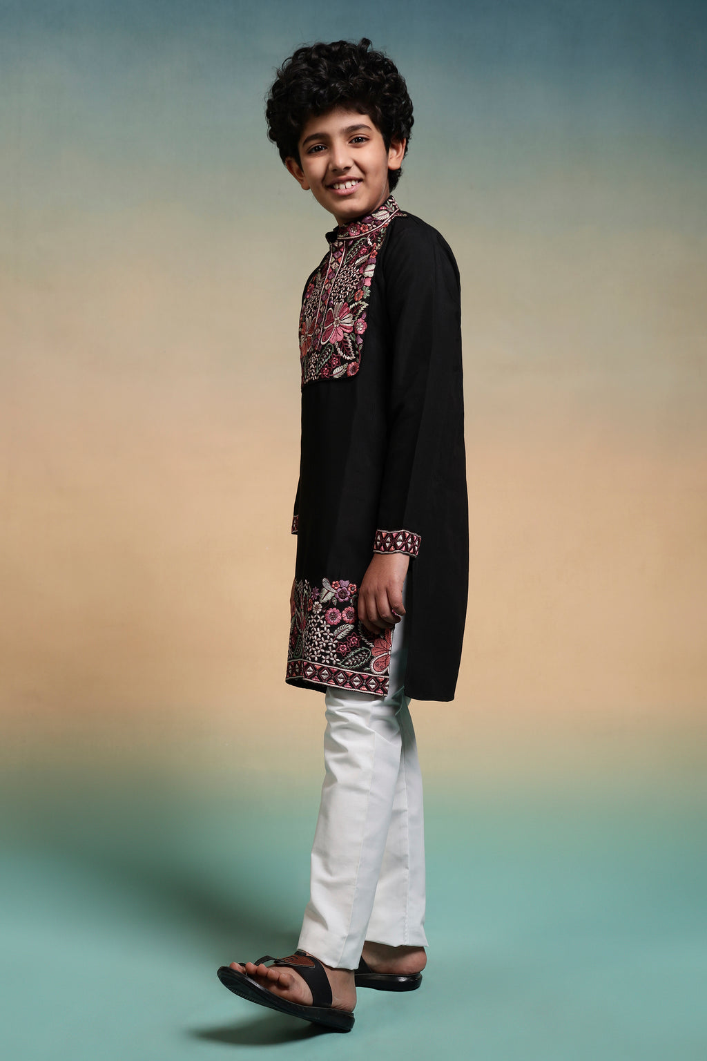 Royal Black Viscose Silk Embroidered Kurta Pant Set For Kids