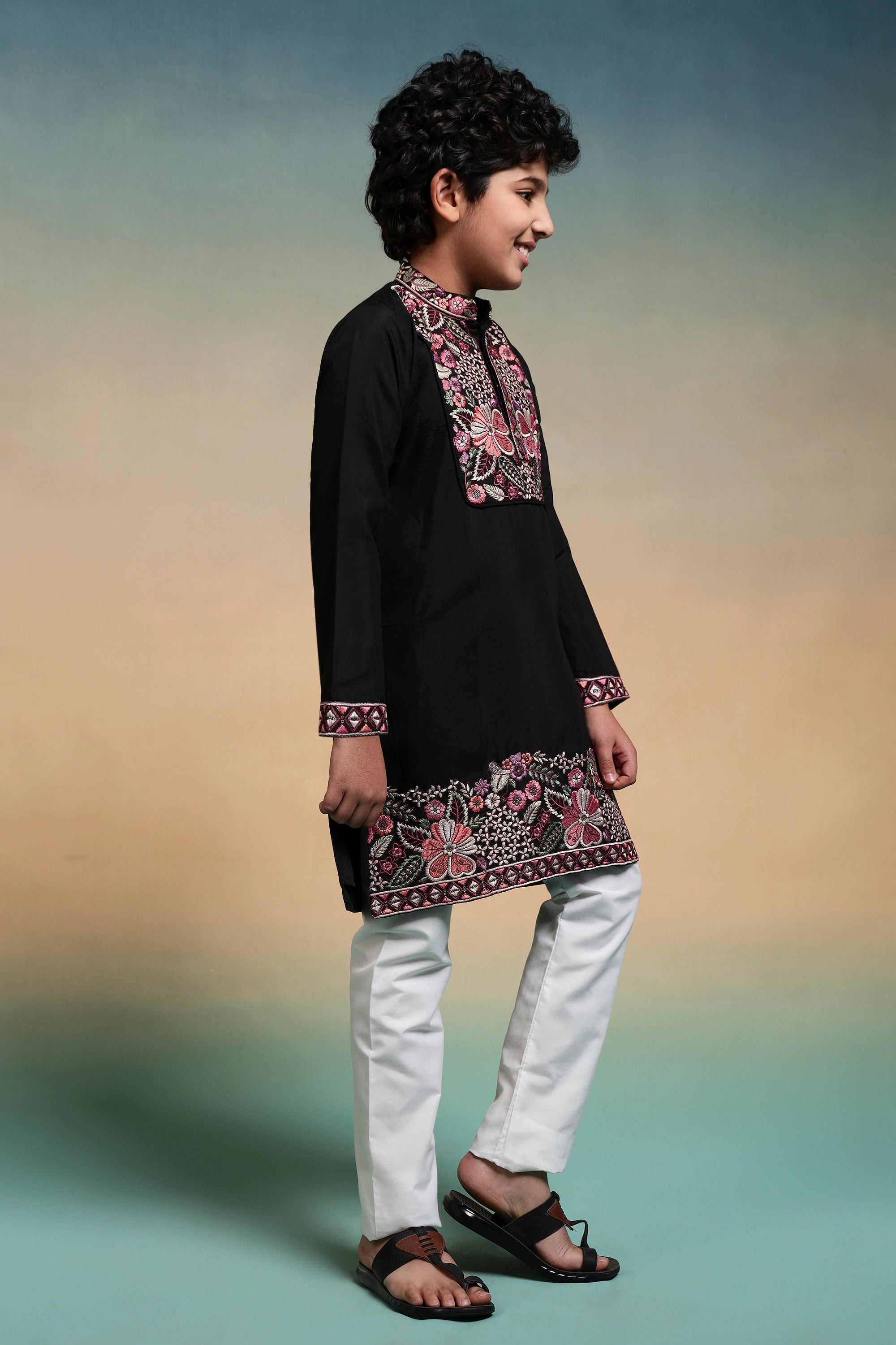 Royal Black Viscose Silk Embroidered Kurta Pant Set For Kids