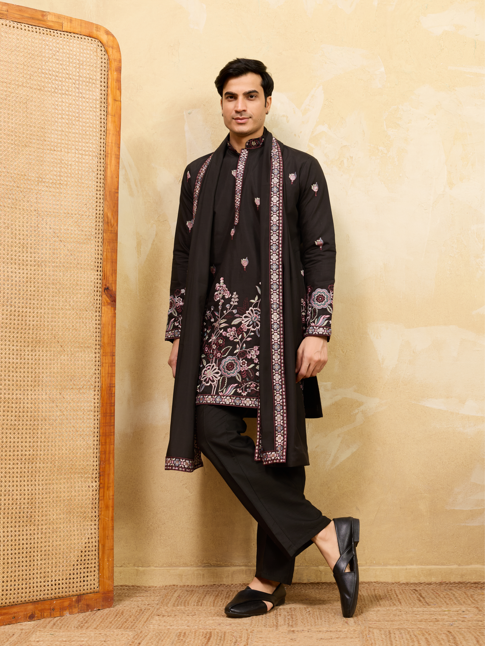 Royal Black Viscose Silk Kurta and Dupatta Set for Men Ethnic Wear
