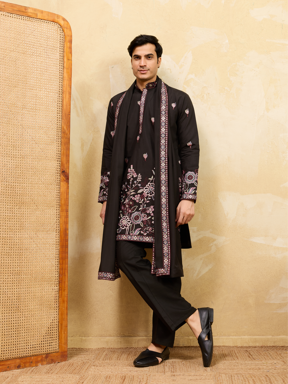 Royal Black Viscose Silk Kurta and Dupatta Set for Men Ethnic Wear
