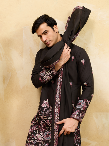 Royal Black Viscose Silk Kurta and Dupatta Set for Men Ethnic Wear
