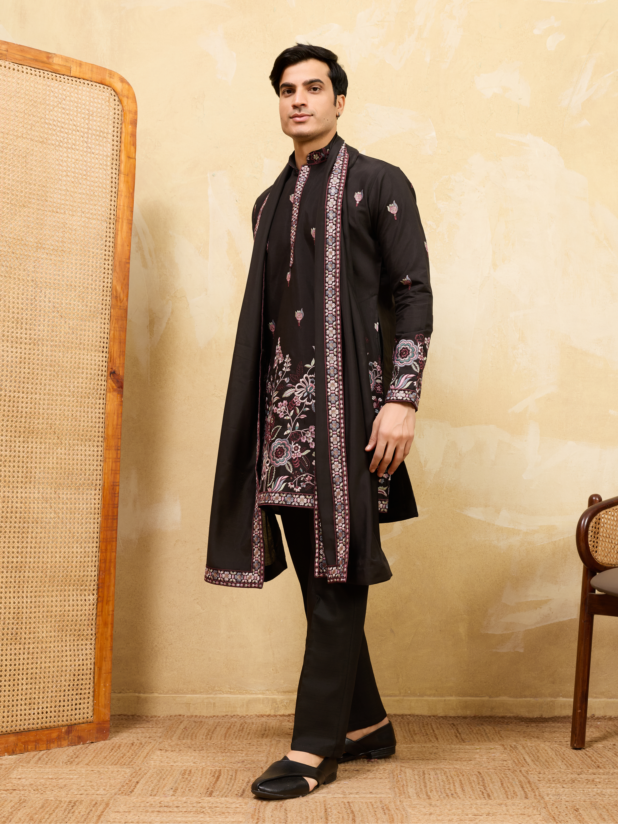 Royal Black Viscose Silk Kurta and Dupatta Set for Men Ethnic Wear
