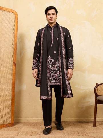 Royal Black Viscose Silk Kurta and Dupatta Set for Men Ethnic Wear
