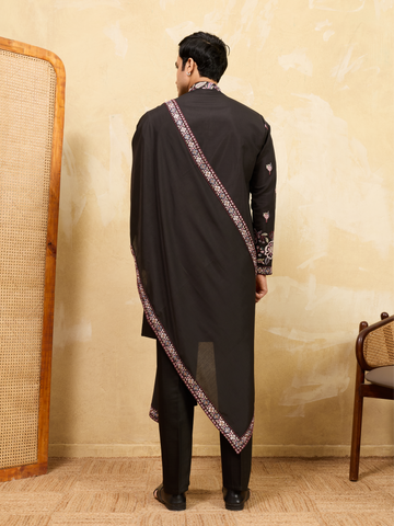 Royal Black Viscose Silk Kurta and Dupatta Set for Men Ethnic Wear
