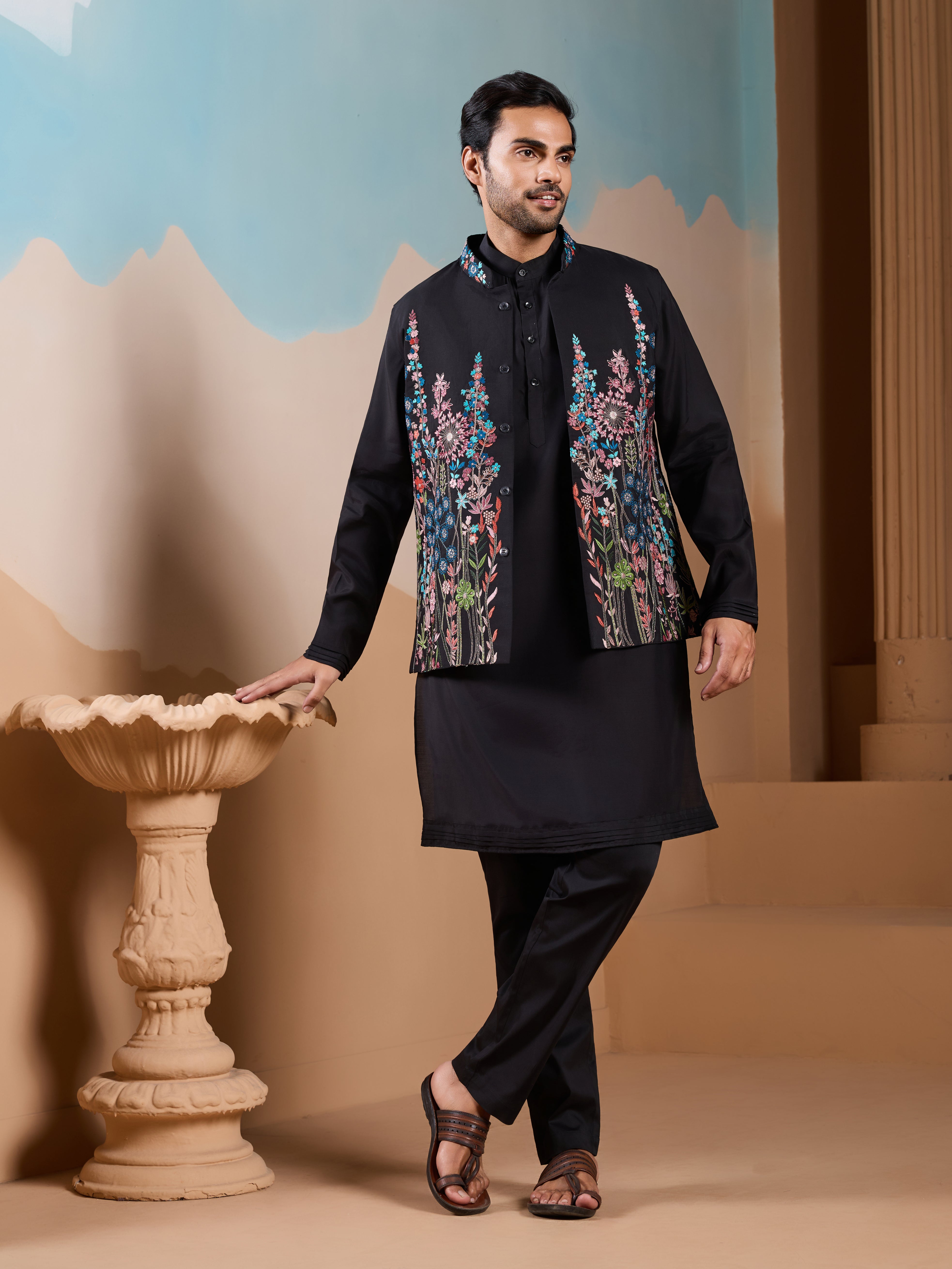 Magic Black Wedding Look Koti Kurta Set for Mens Wear