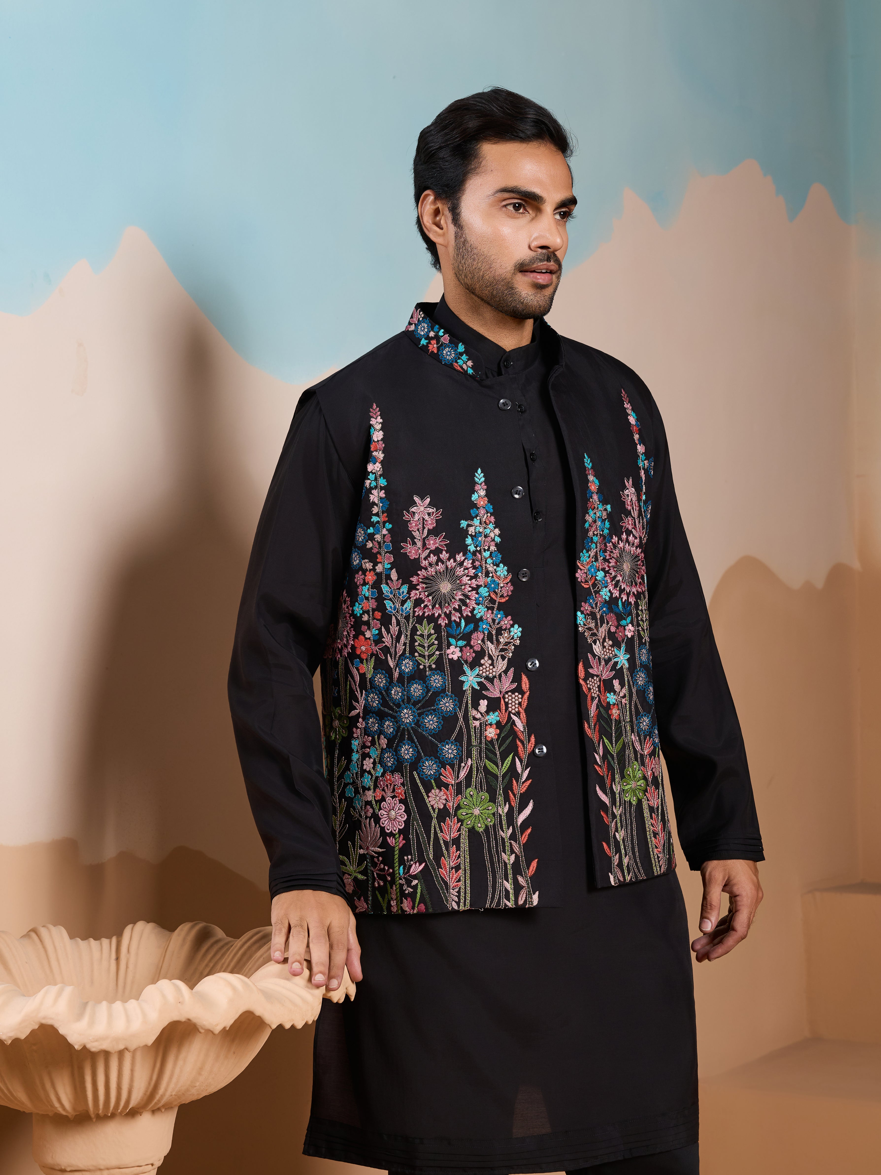Magic Black Wedding Look Koti Kurta Set for Mens Wear