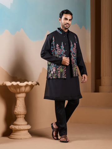 Magic Black Wedding Look Koti Kurta Set for Mens Wear
